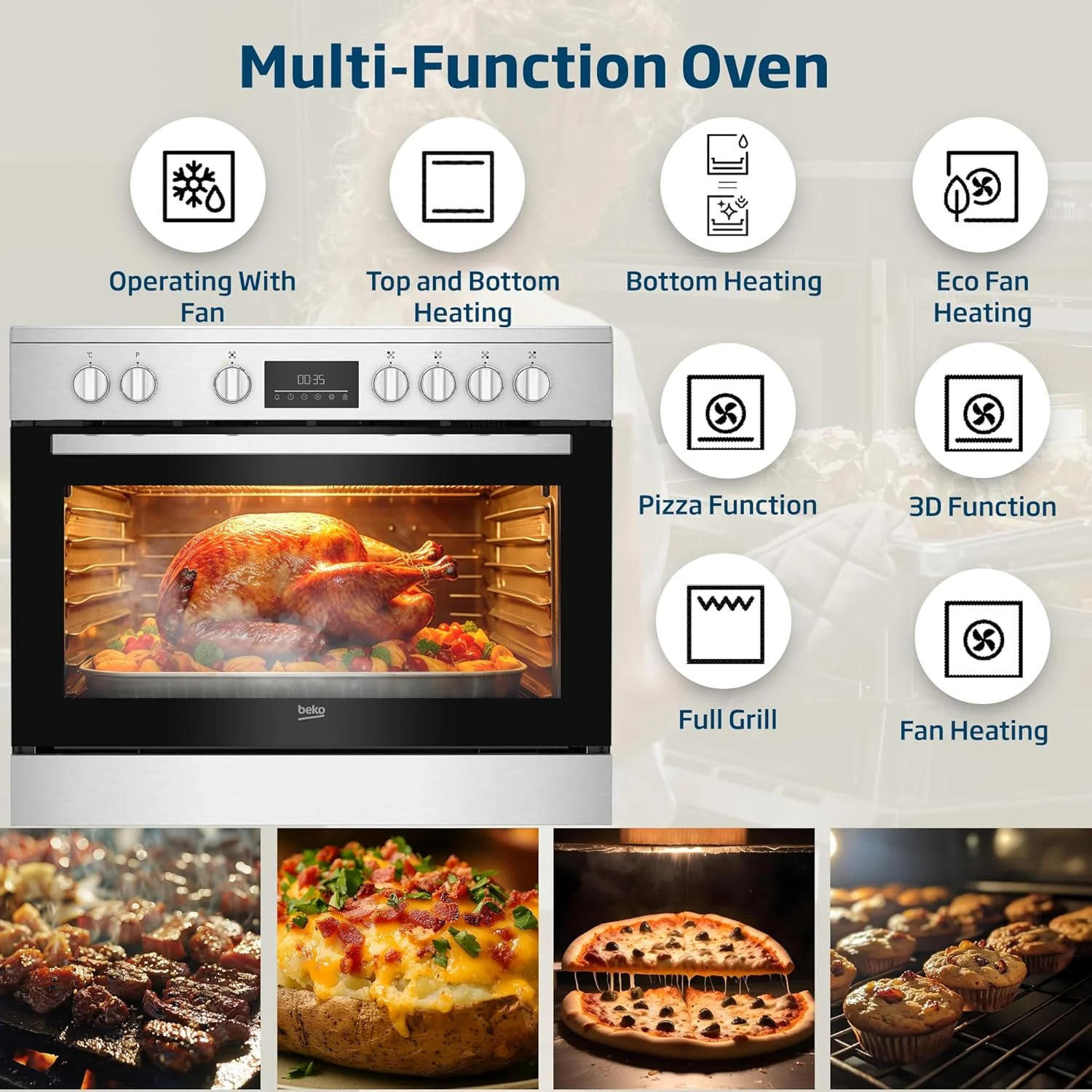 Beko Freestanding Electric Cooker 90x60cm – 5 Zones 111L Oven A+ Energy SteamShine BGM30203EX - Image 6