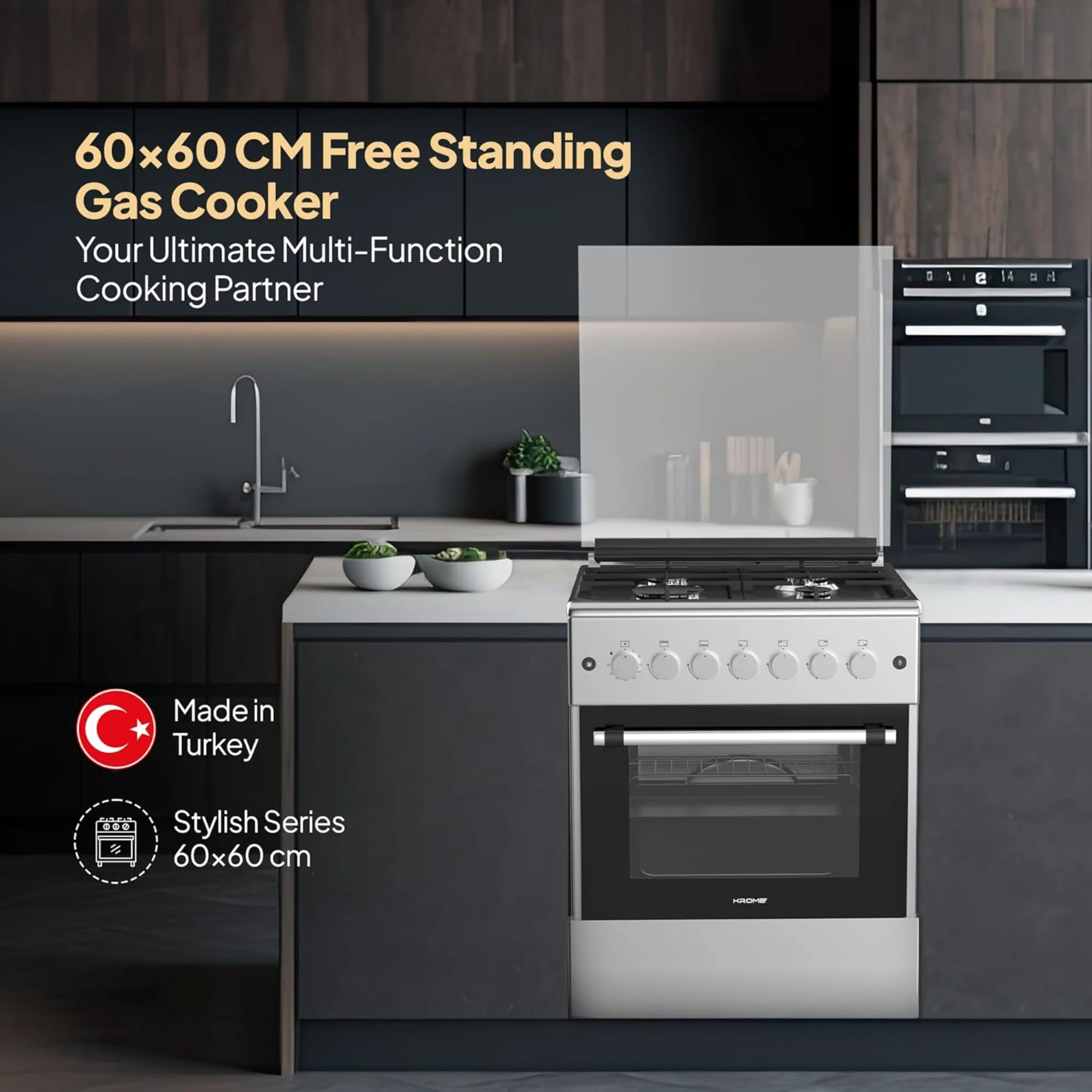 Krome Free Standing Gas Cooker 60x60cm – 4 Burners Turbo Fan Oven Flame Failure Safety KR-CR6061FE - Image 4