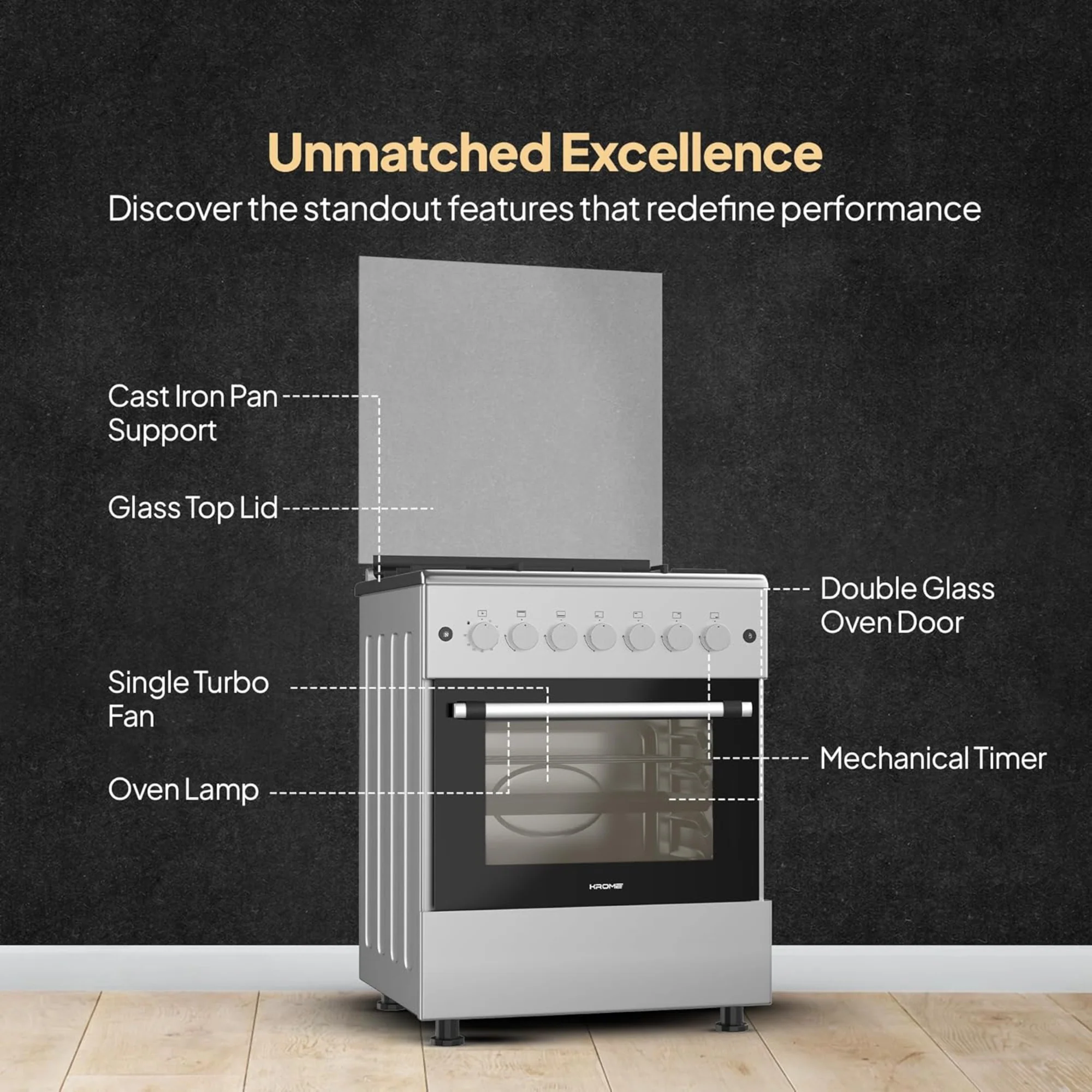 Krome Free Standing Gas Cooker 60x60cm – 4 Burners Turbo Fan Oven Flame Failure Safety KR-CR6061FE - Image 5